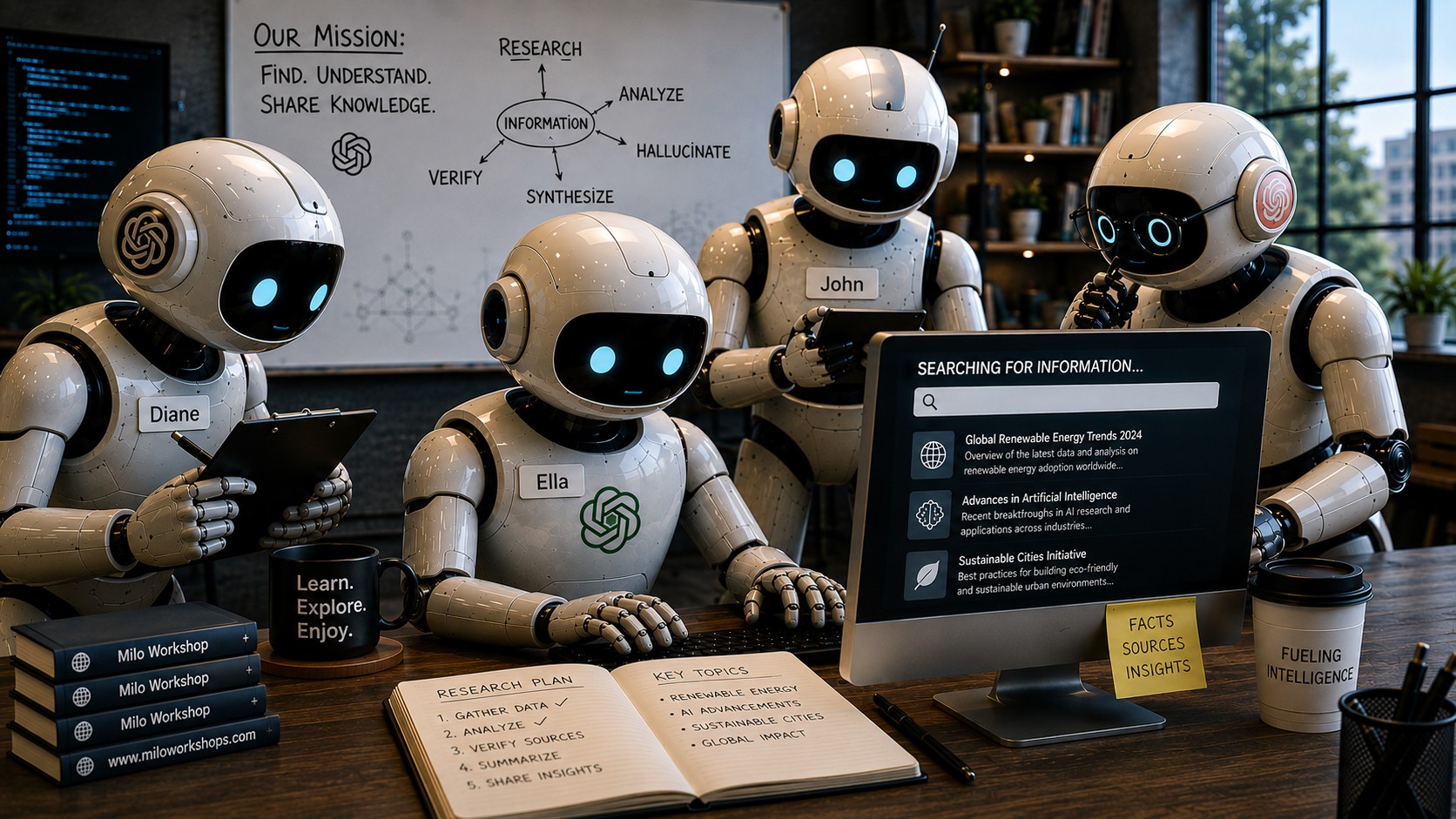 A group of friendly robots working together at computers
