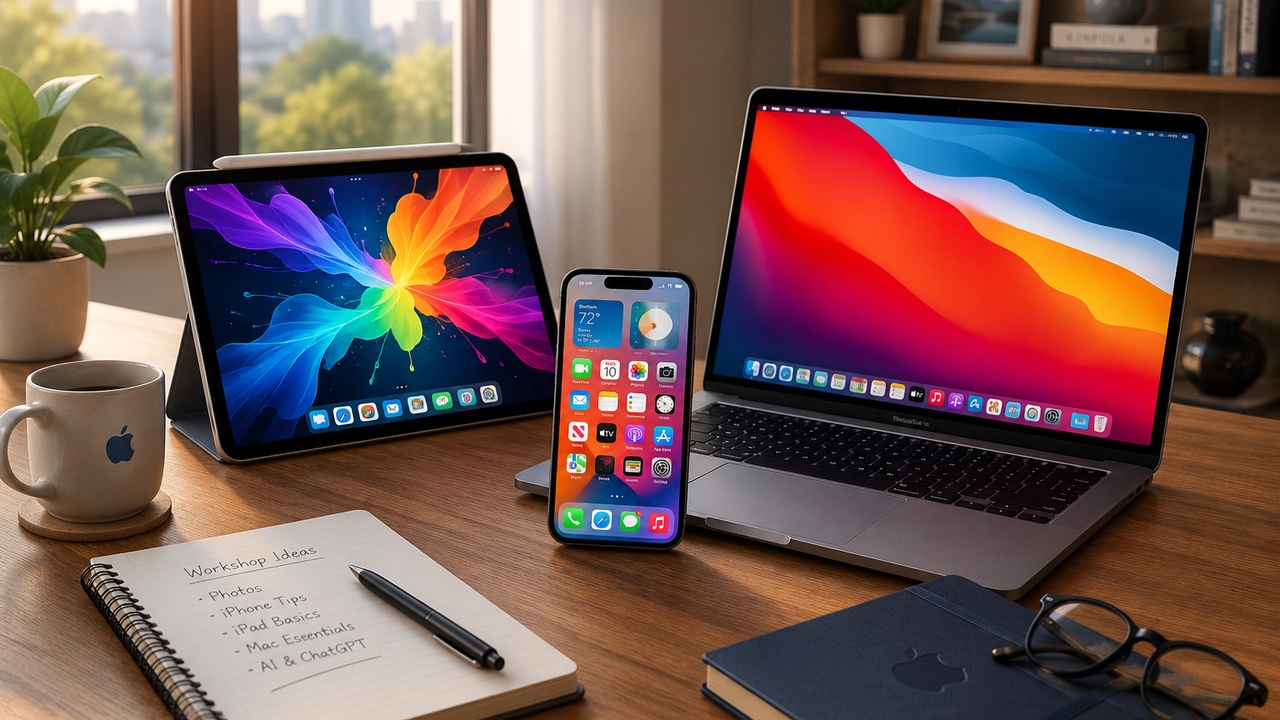 iPad, iPhone, and MacBook together on a desktop workspace