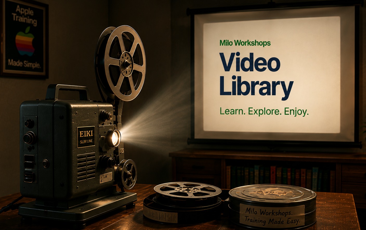 Vintage film projector showing the Milo Workshops Video Library